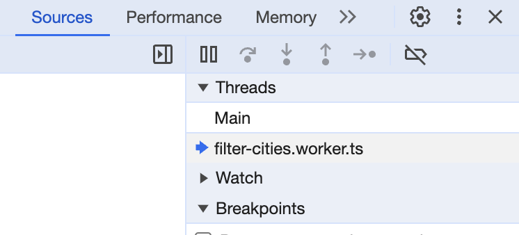 Sources tab in devtools showing another thread called filter-cities.worker.ts